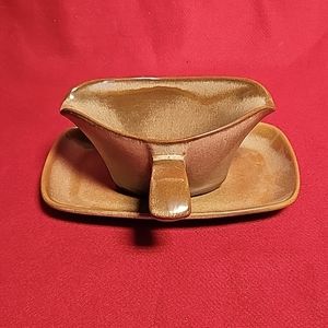 Frankoma Pottery Gravy Boat 6S & Tray 5PS Plainsman  Speckled Brown
